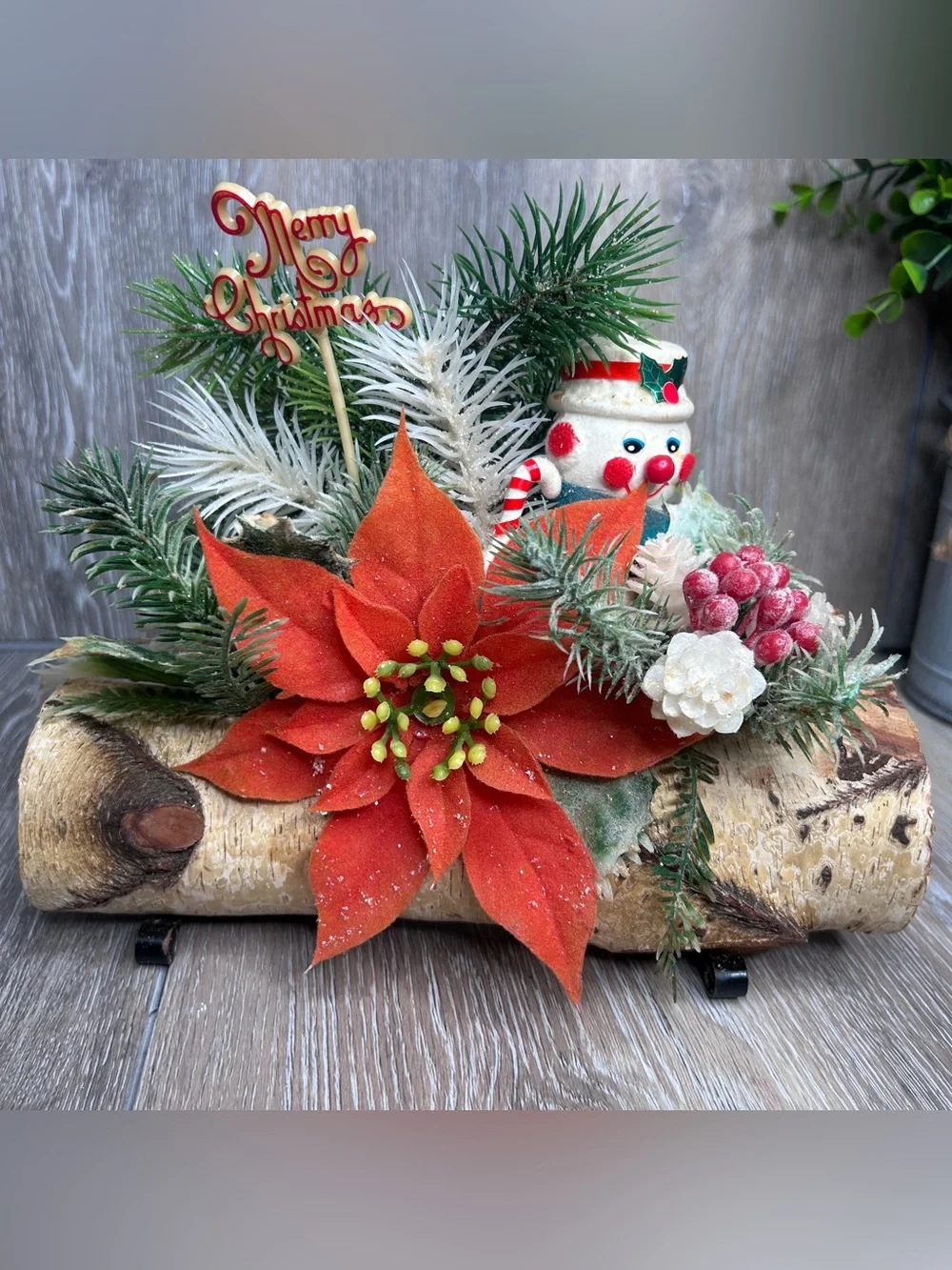 Rustic Christmas Snowman Log Centerpiece • Poinsettia Vintage Holiday Décor